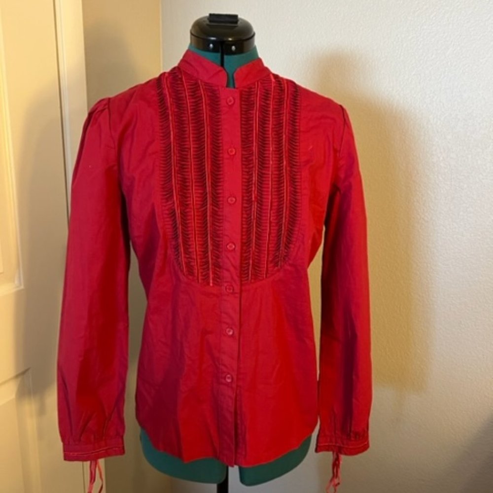 Red Blouse with Ruching and Velvet Detail Ties at end of Sleeves